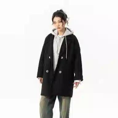 玉儿恋 美式潮牌拼接复古百搭休闲双排扣防风中长款连帽假两件设计夹棉加厚保暖学院风宽松毛呢外套大衣 男女同款