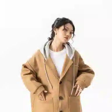 玉儿恋 美式潮牌拼接复古百搭休闲双排扣防风中长款连帽假两件设计夹棉加厚保暖学院风宽松毛呢外套大衣 男女同款