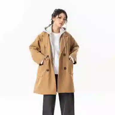 玉儿恋 美式潮牌拼接复古百搭休闲双排扣防风中长款连帽假两件设计夹棉加厚保暖学院风宽松毛呢外套大衣 男女同款