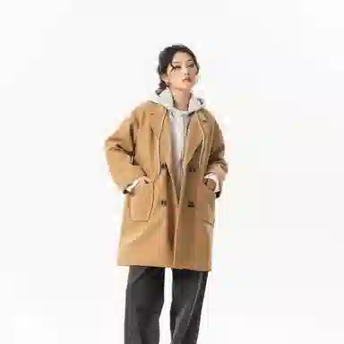 玉儿恋 美式潮牌拼接复古百搭休闲双排扣防风中长款连帽假两件设计夹棉加厚保暖学院风宽松毛呢外套大衣 男女同款
