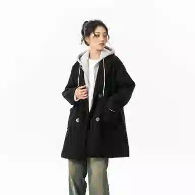 玉儿恋 美式潮牌拼接复古百搭休闲双排扣防风中长款连帽假两件设计夹棉加厚保暖学院风宽松毛呢外套大衣 男女同款