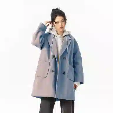 玉儿恋 美式潮牌拼接复古百搭休闲双排扣防风中长款连帽假两件设计夹棉加厚保暖学院风宽松毛呢外套大衣 男女同款
