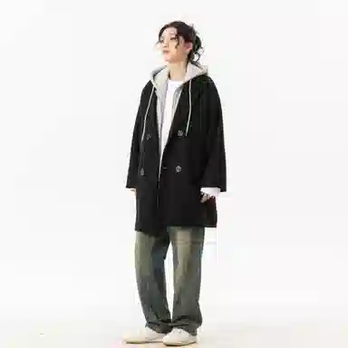 玉儿恋 美式潮牌拼接复古百搭休闲双排扣防风中长款连帽假两件设计夹棉加厚保暖学院风宽松毛呢外套大衣 男女同款