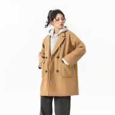 玉儿恋 美式潮牌拼接复古百搭休闲双排扣防风中长款连帽假两件设计夹棉加厚保暖学院风宽松毛呢外套大衣 男女同款