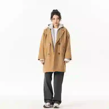 玉儿恋 美式潮牌拼接复古百搭休闲双排扣防风中长款连帽假两件设计夹棉加厚保暖学院风宽松毛呢外套大衣 男女同款