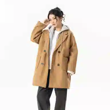 玉儿恋 美式潮牌拼接复古百搭休闲双排扣防风中长款连帽假两件设计夹棉加厚保暖学院风宽松毛呢外套大衣 男女同款