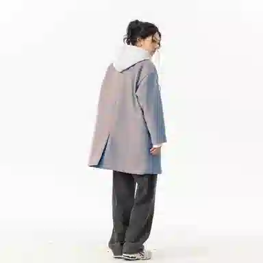 玉儿恋 美式潮牌拼接复古百搭休闲双排扣防风中长款连帽假两件设计夹棉加厚保暖学院风宽松毛呢外套大衣 男女同款