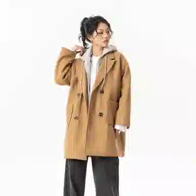 玉儿恋 美式潮牌拼接复古百搭休闲双排扣防风中长款连帽假两件设计夹棉加厚保暖学院风宽松毛呢外套大衣 男女同款
