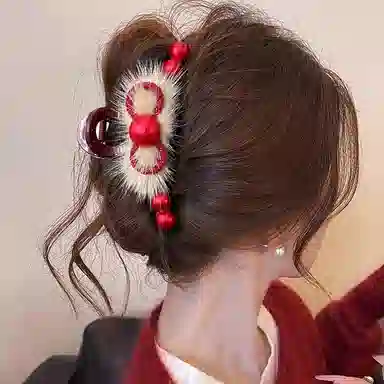 丹琴 本命年红色毛绒蝴蝶结抓夹高级感后脑勺盘发鲨鱼夹头饰 亚克力 发夹 女款