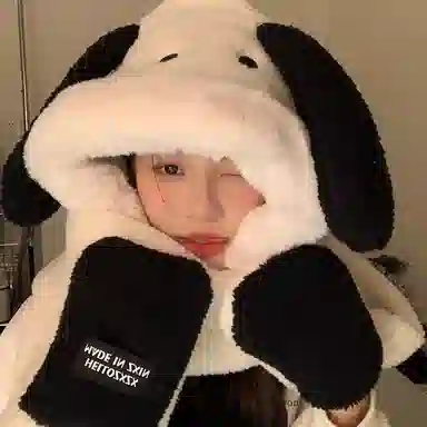 优幽兰 时尚百搭设计感帽子围巾手套一体女韩版可爱冬季防风毛绒围脖连帽加厚护耳骑行保暖三件套东北防寒 聚酯纤维 绒线帽 女款