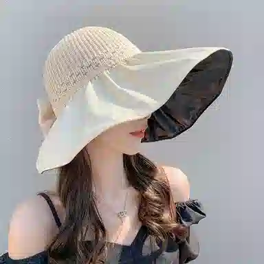 优幽兰 大檐帽子韩版户外旅行纯色可折叠黑胶蝴蝶结镂空防紫外线 聚酯纤维 防晒帽 女款
