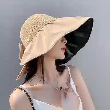 优幽兰 大檐帽子韩版户外旅行纯色可折叠黑胶蝴蝶结镂空防紫外线 聚酯纤维 防晒帽 女款