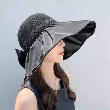优幽兰 大檐帽子韩版户外旅行纯色可折叠黑胶蝴蝶结镂空防紫外线 聚酯纤维 防晒帽 女款