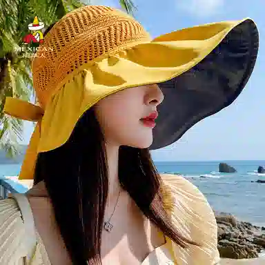 优幽兰 休闲 开车骑行小众设计感夏季大帽檐显脸小黑胶防紫外线户外旅行推荐 聚酯纤维 防晒帽 女款