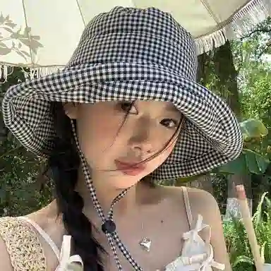 优幽兰 韩系高颜值甜美温柔格子防晒显脸小大帽檐防紫外线遮阳透气舒适大头围太阳可调节 聚酯纤维 渔夫帽 女