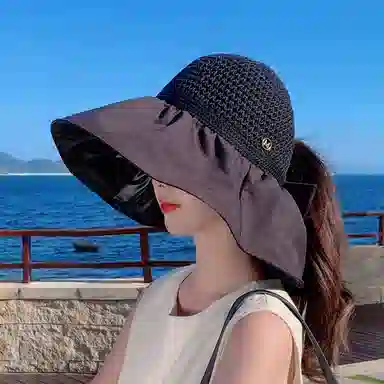 优幽兰 空顶韩版大头围显脸小沙滩帽实用防紫外线开车旅游遮阳帽小众时髦通勤高级感 聚酯纤维 防晒帽 女款