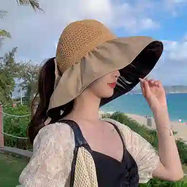 优幽兰 空顶韩版大头围显脸小沙滩帽实用防紫外线开车旅游遮阳帽小众时髦通勤高级感 聚酯纤维 防晒帽 女款