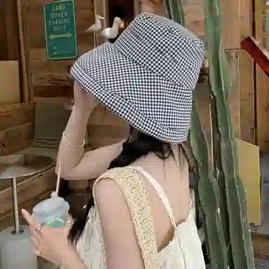 优幽兰 韩系高颜值甜美温柔格子防晒显脸小大帽檐防紫外线遮阳透气舒适大头围太阳可调节 聚酯纤维 渔夫帽 女