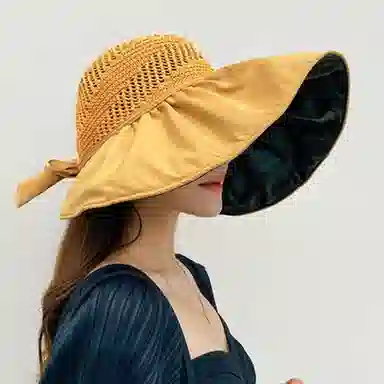 优幽兰 休闲 开车骑行小众设计感夏季大帽檐显脸小黑胶防紫外线户外旅行推荐 聚酯纤维 防晒帽 女款