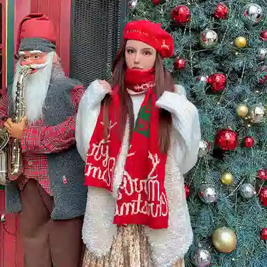 优幽兰 防风防寒仿羊绒护脖子经典款鹿角红色韩系高级感 绒线围巾 女款