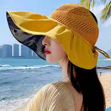 优幽兰 休闲 开车骑行小众设计感夏季大帽檐显脸小黑胶防紫外线户外旅行推荐 聚酯纤维 防晒帽 女款