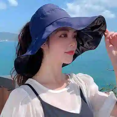 优幽兰 出门黑胶户外防紫外线大帽檐韩版大檐可扎马尾蝴蝶结点缀可折叠 聚酯纤维 防晒帽 女款