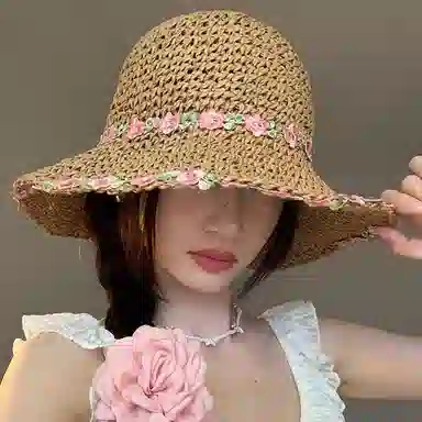 优幽兰 复古田园风花朵法式甜美编织草帽大帽檐显脸小防紫外线遮阳帽夏季海边度假沙滩帽可折叠 纤维素材料 防晒帽 女款