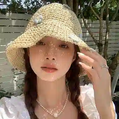 优幽兰 潮流海边拍照打卡显脸小清新甜美茶歇风户外遮阳防紫外线花朵点缀太阳帽草帽 聚酯纤维 防晒帽 女款
