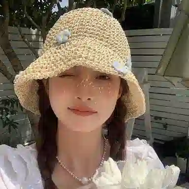 优幽兰 潮流海边拍照打卡显脸小清新甜美茶歇风户外遮阳防紫外线花朵点缀太阳帽草帽 聚酯纤维 防晒帽 女款