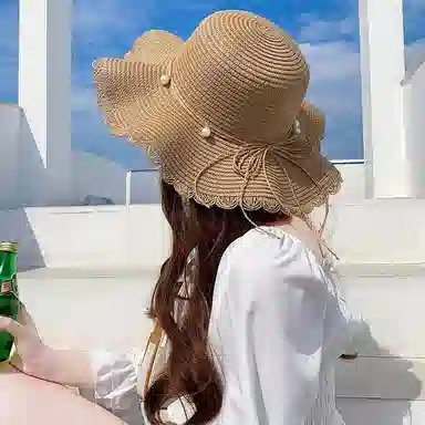 优幽兰 小清新波浪檐蝴蝶结韩版沙滩海边旅行可折叠 纤维素材料和聚酯纤维 珍珠 防晒帽 女款