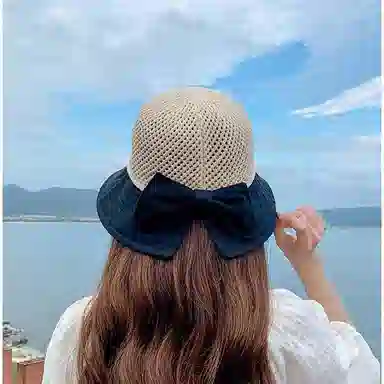 优幽兰 防晒实用休闲小众大头围显脸小沙滩遮阳高级感蝴蝶结设计感甜美可爱 聚酯纤维 渔夫帽 女款