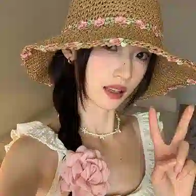 优幽兰 复古田园风花朵法式甜美编织草帽大帽檐显脸小防紫外线遮阳帽夏季海边度假沙滩帽可折叠 纤维素材料 防晒帽 女款