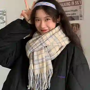 优幽兰 学生秋冬季设计感格子撞色围脖百搭休闲时尚防风防寒仿羊绒加厚保暖护脖子清新甜美 绒线围巾 男女同款情侣款