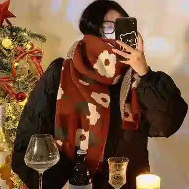 优幽兰 氛围感 红色花朵 针织加厚保暖护脖子防风防寒小众 绒线围巾 女款