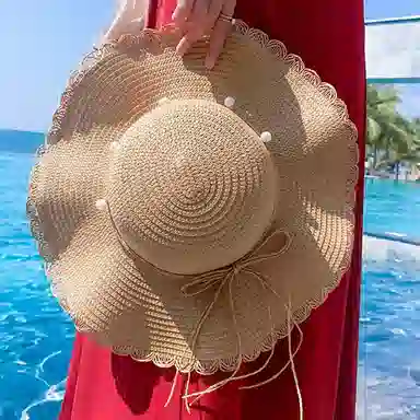 优幽兰 小清新波浪檐蝴蝶结韩版沙滩海边旅行可折叠 纤维素材料和聚酯纤维 珍珠 防晒帽 女款