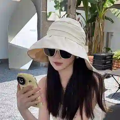 优幽兰 大脸休闲百搭户外防紫外线小众设计感褶皱轻熟薄款春夏新款 聚酯纤维 防晒帽 男女同款情侣款