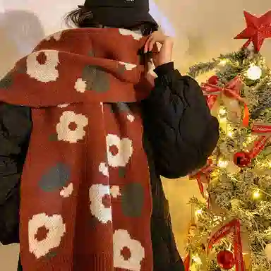 优幽兰 氛围感 红色花朵 针织加厚保暖护脖子防风防寒小众 绒线围巾 女款