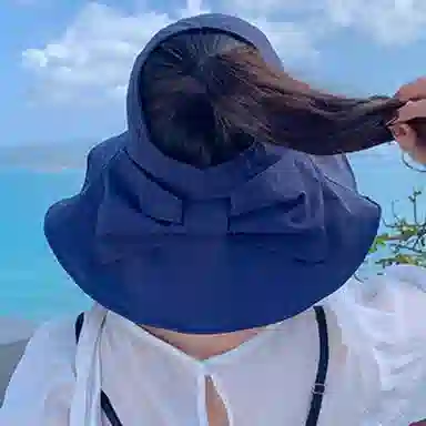 优幽兰 出门黑胶户外防紫外线大帽檐韩版大檐可扎马尾蝴蝶结点缀可折叠 聚酯纤维 防晒帽 女款