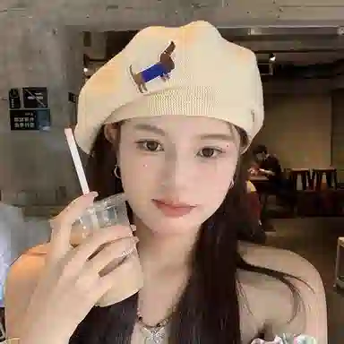 优幽兰 针织刺绣狗狗韩版复古大头围甜妹氛围感保暖防寒休闲 聚酯纤维 贝雷帽 女款