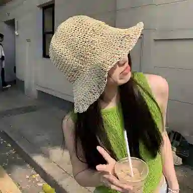 优幽兰 韩版甜美彩虹编织草帽大帽檐显脸小防紫外线遮阳帽镂空透气太阳帽海边度假拍照打卡沙滩帽潮 纤维素材料 防晒帽 女款