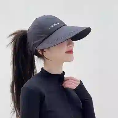 优幽兰 加大帽檐显脸小遮阳帽韩版字母刺绣纯色防紫外线太阳帽户外运动透气空顶帽可扎马尾 聚酯纤维 防晒帽 女款