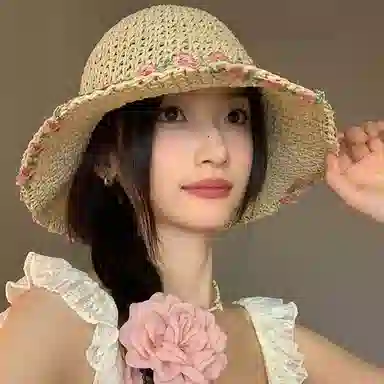 优幽兰 复古田园风花朵法式甜美编织草帽大帽檐显脸小防紫外线遮阳帽夏季海边度假沙滩帽可折叠 纤维素材料 防晒帽 女款