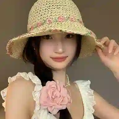 优幽兰 复古田园风花朵法式甜美编织草帽大帽檐显脸小防紫外线遮阳帽夏季海边度假沙滩帽可折叠 纤维素材料 防晒帽 女款