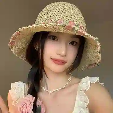 优幽兰 复古田园风花朵法式甜美编织草帽大帽檐显脸小防紫外线遮阳帽夏季海边度假沙滩帽可折叠 纤维素材料 防晒帽 女款