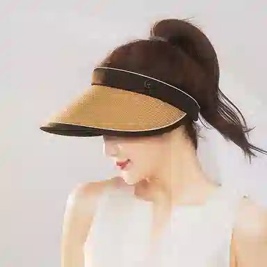 优幽兰 大檐便携可卷户外骑车黑胶防紫外线休闲 草编 防晒帽 女款