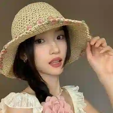优幽兰 复古田园风花朵法式甜美编织草帽大帽檐显脸小防紫外线遮阳帽夏季海边度假沙滩帽可折叠 纤维素材料 防晒帽 女款