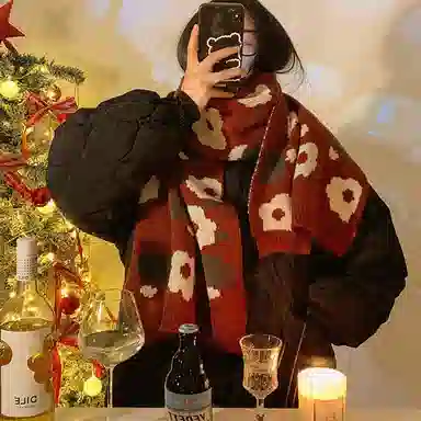 优幽兰 氛围感 红色花朵 针织加厚保暖护脖子防风防寒小众 绒线围巾 女款