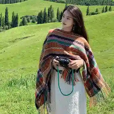优幽兰 小众设计感民族风彩格流苏披风草原川西内蒙旅游拍照斗篷办公室空调房多功能保暖外搭 聚酯纤维 披肩 女款