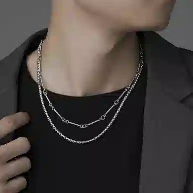 琅风 双层竹节链饰质感百搭高级气质可调节 钛钢 项链 男款