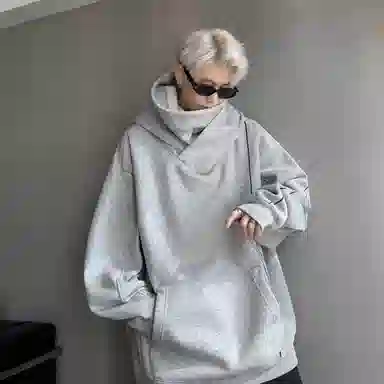 玉儿恋 美式嘻哈复古纯色街头加绒加厚内里堆堆领设计感防风骑行百搭高街宽松重磅华棉加绒保暖连帽长袖卫衣 男女同款